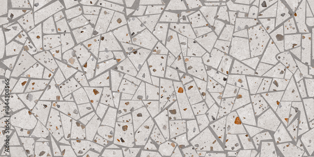 Obraz premium Terrazzo mosaic tile texture, broken marble stone fragments pattern, seamless grey ceramic floor surface for interior design and architecture