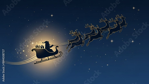 Santa claus rides through starry night sky in sleigh pulled by reindeer with glowing light