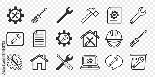 A collection of 18 minimalist line art icons, predominantly black, representing various tools and service-related concepts, is displayed against a transparent, checkered background. The icons are unif