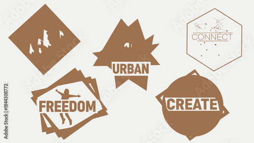 Brown urban design elements with freedom create connect words on white background