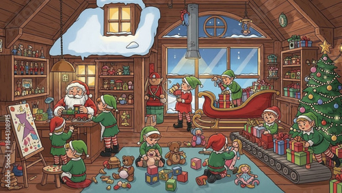 Santa's busy workshop interior with elves preparing toys and gifts for christmas, a warm and cozy winter scene