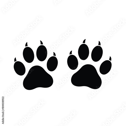Two distinct black animal paw prints, featuring four toe pads, a main central pad, and subtle claw details, are symmetrically placed on a white background.