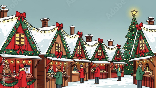 Whimsical christmas market scene with snow covered chalets, people shopping and festive decorations, holiday cheer in a quaint winter wonderland setting
