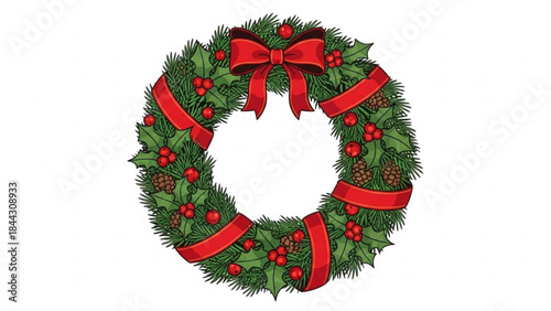 A traditional christmas wreath with lush green foliage, vibrant red berries, pinecones, and elegant ribbons on a plain white background for holiday decorations