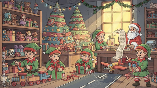 Santa's busy workshop scene with elves preparing toys for christmas, joyful holiday atmosphere with colorful decorations and toys