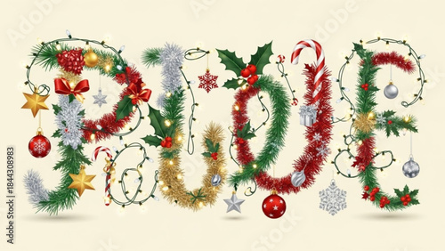 Joyful Holiday Text Art Spelled Out with Sparkling Christmas Decorations and Twinkling Lights