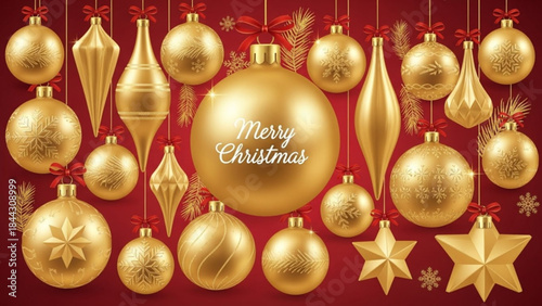 Sparkling golden Christmas ornaments, festive decorations, and a heartfelt 'Merry Christmas' wish on a vibrant red backdrop