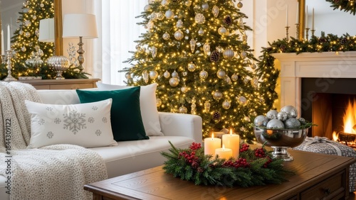 Cozy living room with Christmas tree and warm fireplace