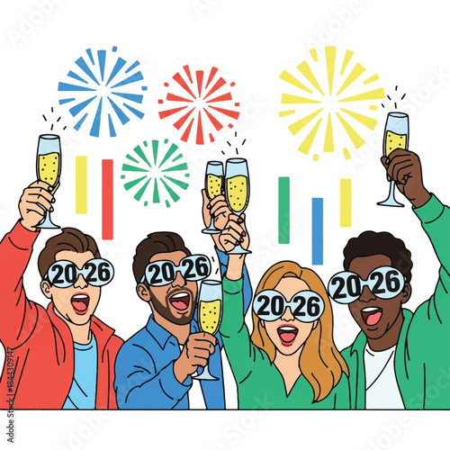 Illustration of four diverse people toasting champagne glasses with colorful fireworks and bars on a white background, conveying a celebratory mood.