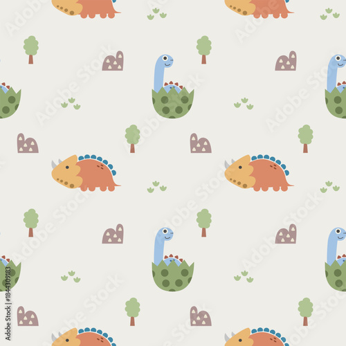 Dinosaur in eggshell cartoon so cute. On tree mountain grass background.  Pattern seamless vector illustration. 