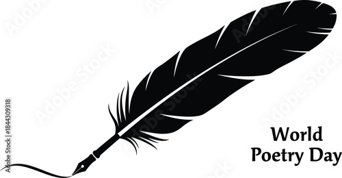 Black silhouette of a quill pen writing a flowing line next to text celebrating world poetry day in simple style