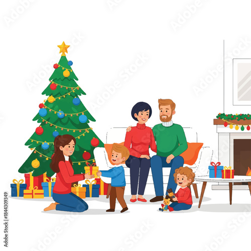 Illustration of a family with two children and parents sitting in a living room with a decorated Christmas tree and gifts around them.