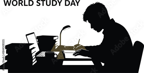 Silhouette of a dedicated student studying late at night surrounded by books and a laptop for world study day celebration