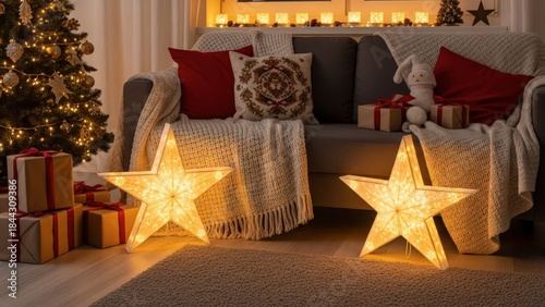 Cozy living room decorated for Christmas with star lights and presents