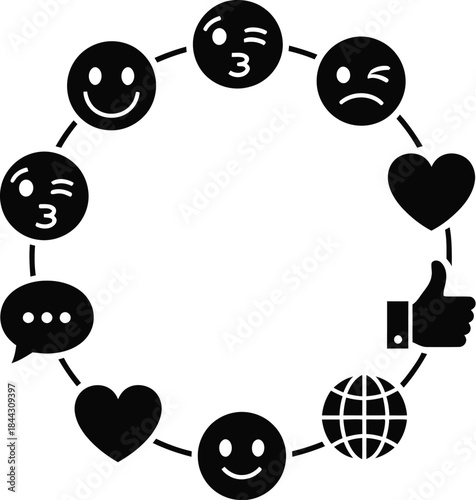 Black and white icon set depicting a circular flow of social media reactions and communication symbols on a clean background