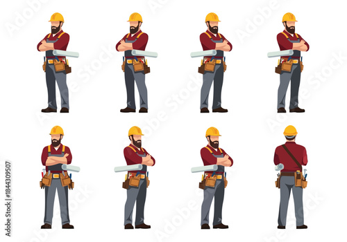 Construction worker in various poses with tool belt on