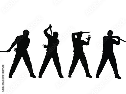 Four black silhouettes of people swinging baseball bats
