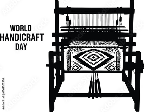 Black and white graphic celebrating world handicraft day featuring a traditional weaving loom with a geometric textile pattern
