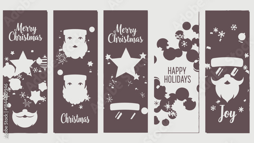 Set of five christmas greeting cards with santa claus illustrations and holiday messages in white on brown background