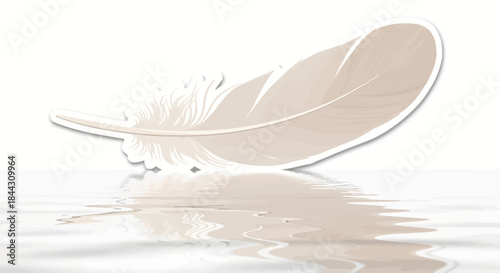 Elegant single feather reflected in tranquil water creates a sense of peaceful weightlessness
