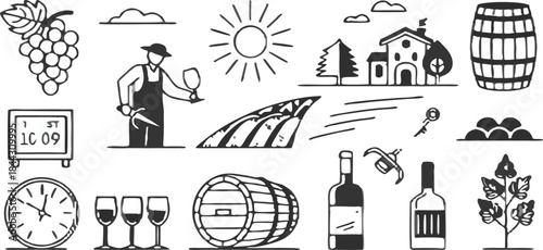 A collection of 21 stylized black and white line art icons, set against a transparent background. The icons depict elements associated with winemaking and wine consumption. The subjects include a bunc