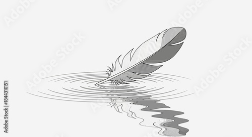 Gentle touch: A feather's serene descent into rippling water with soft reflections