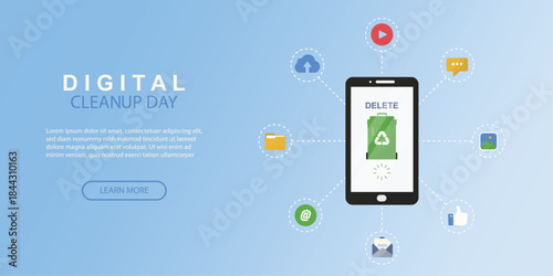 Digital cleanup day banner. Raise awareness about the importance of digital cleanliness. Flat design. Cleaning up our digital lives. World Cleanup Day concept. digital pollution. Vector illustration.
