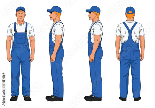 Illustration of a man wearing blue overalls and a cap in four different views
