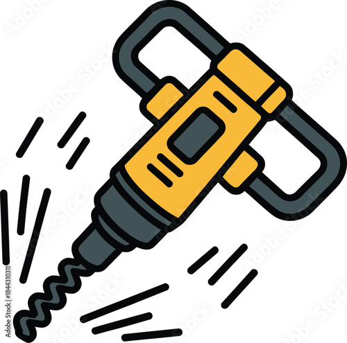 Black and yellow electric drill with a set of screwdriver bits and a steel wrench on a white background for construction and repair work
