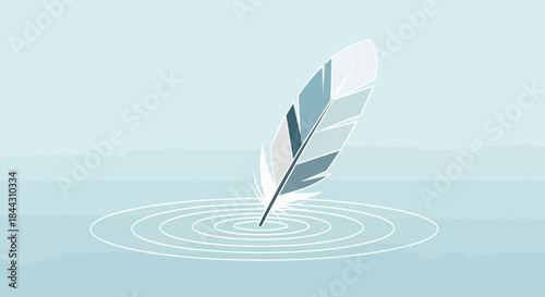 Serene feather creating ripples in tranquil pastel blue water surface minimal art