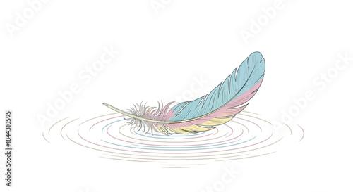 Serene feather floating gently on water creating soothing ripples peaceful illustration