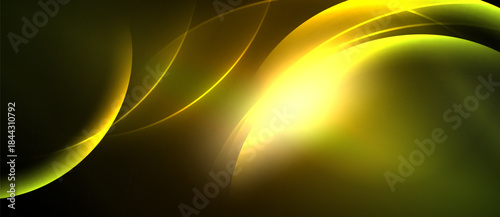Abstract golden waves flow across black background. Bright light emanates from center, creating dynamic visual effect. Smooth curves dominate composition.