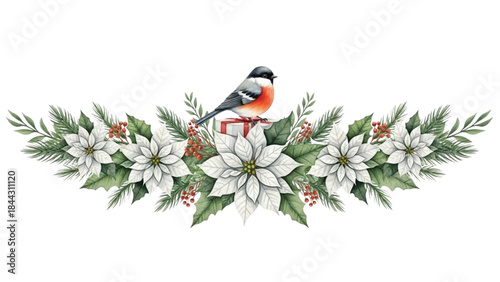 Watercolor Christmas Garland with White Poinsettias, Pine Branches, Berries and Winter Bird