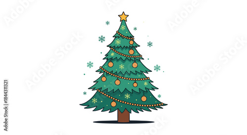 A beautifully decorated Christmas tree with golden ornaments, a shining star topper, and delicate snowflakes against a white background.
