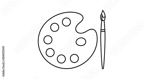A simple black and white line art icon of an artist's paint palette and a paintbrush, representing creativity, art, and painting.