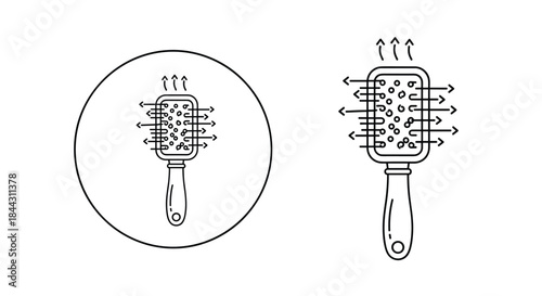 A set of line art icons illustrating a vented hairbrush with arrows indicating airflow, symbolizing hair drying and styling tools.