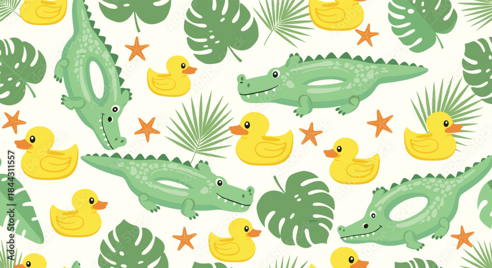 Obraz premium A playful seamless pattern for kids featuring green crocodile and yellow duck inflatable pool floats with tropical monstera leaves.