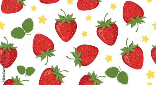A bright and cheerful seamless pattern featuring ripe red strawberries, green leaves, and small yellow flowers on a white background.