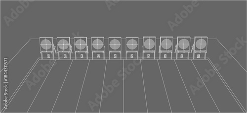 Archery target range front view with multiple numbered boards in technical wireframe style