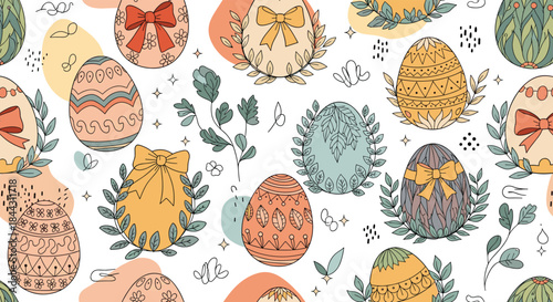 A beautiful seamless Easter pattern with intricately decorated eggs, leaves, and abstract shapes in a delicate, hand-drawn style.