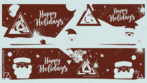 Brown and white holiday banners with santa claus and triangular christmas trees on starry night background for festive greeting cards