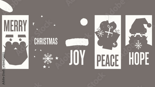 Christmas stencils with merry, joy, peace, and hope on brown background