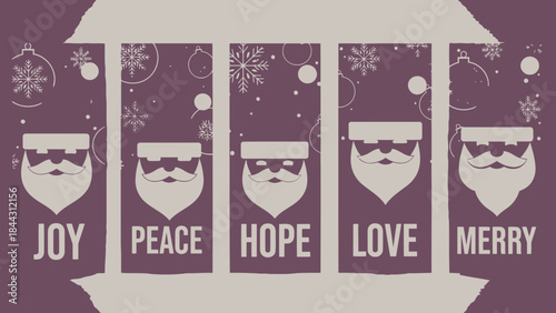 Illustration of santa claus faces with joy peace hope love merry words on brown background with snowflakes and ornaments