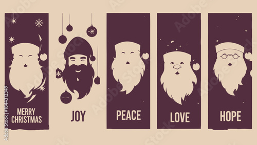 Christmas greeting cards with diverse santa claus illustrations and words merry christmas, joy, peace, love, hope