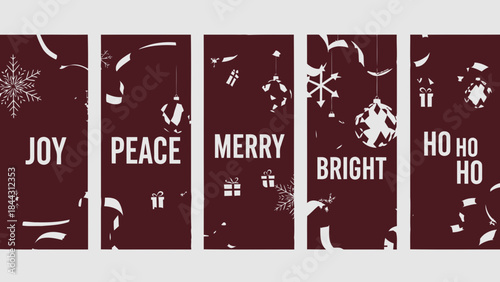 Set of five maroon christmas banners with white festive designs and holiday greetings including joy, peace, merry, bright, and ho ho ho