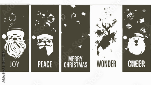 Christmas decorations with santa claus, reindeer and holiday phrases on green and white background, festive illustrations for seasonal greeting cards