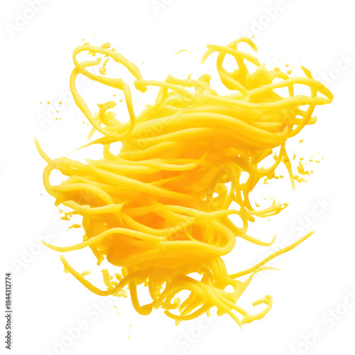 Bright yellow shredded cheese strands swirling midair on transparent background