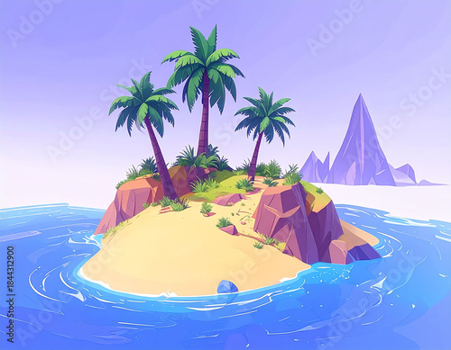 Simple Cartoon Illustration,Vacation and Travel Concept: Isolated Sandy Beach Island Surrounded by Ocean.