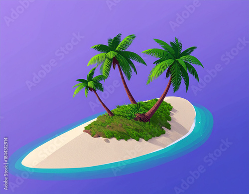 Simple Cartoon Illustration,Vacation and Travel Concept: Isolated Sandy Beach Island Surrounded by Ocean.