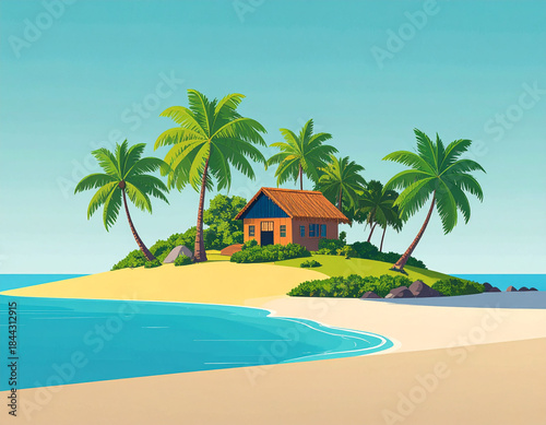 Simple Cartoon Illustration,Vacation and Travel Concept: Isolated Sandy Beach Island Surrounded by Ocean.